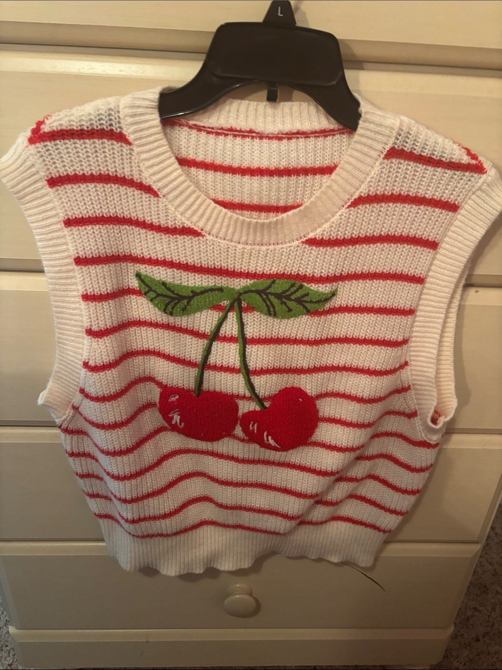 Women Striped Knit Cherry Appliqué Sweater Vest - White & Red - Picture 1 of 2
